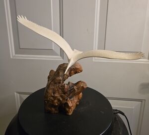 John Perry Cream Pelican Sculpture on Natural Wood Base